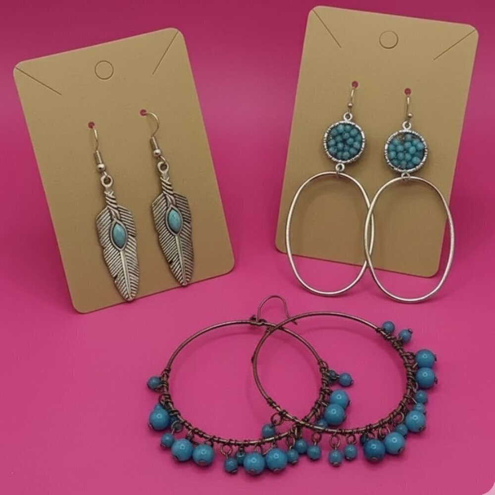 Boho Earring Bundle Lot of 3 Turquoise & Silver Tone Dangle Hoop Styles